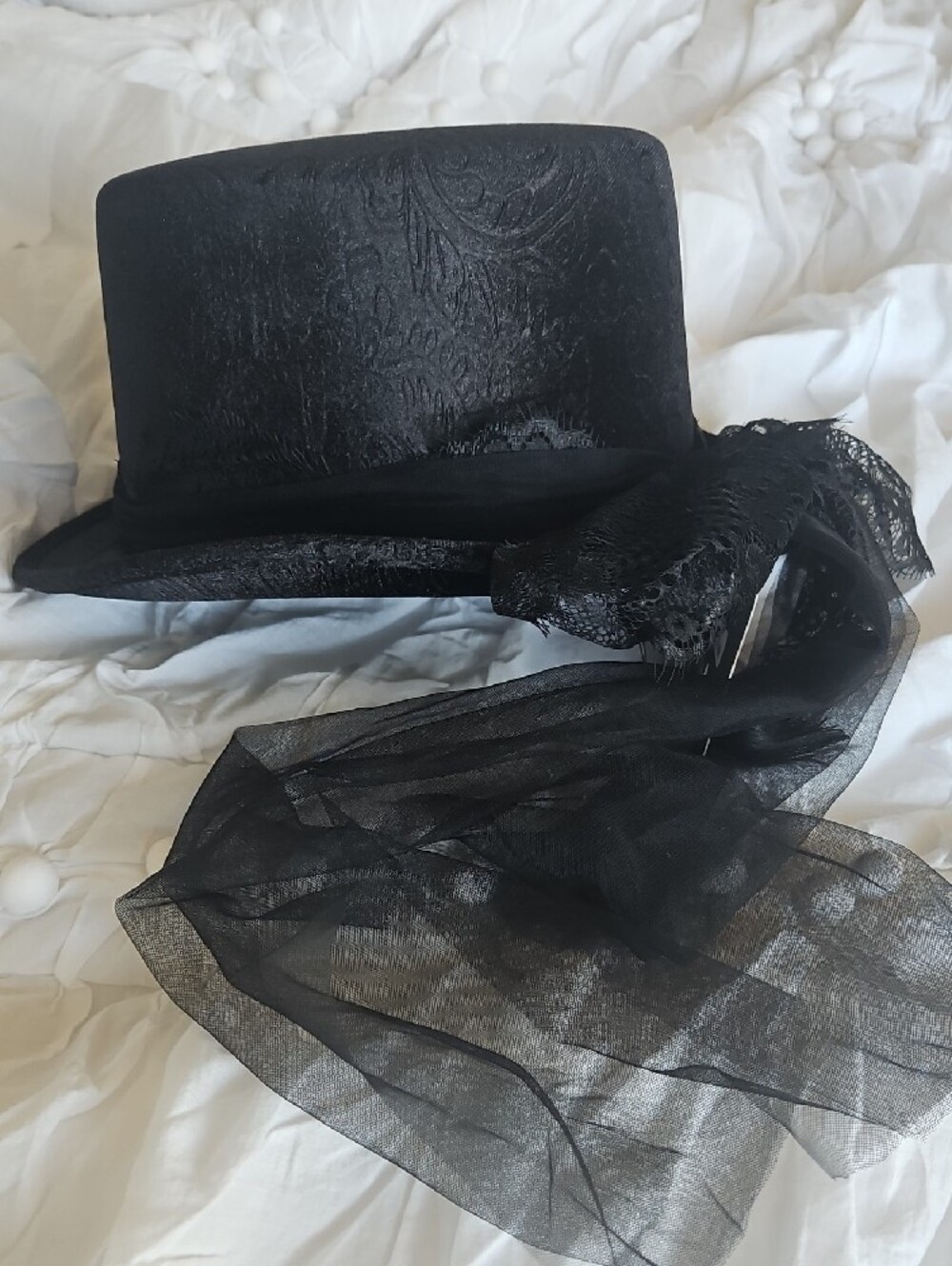 Spirit Halloween Black Lace Victorian Bow Top Hat and Footless Fishnets